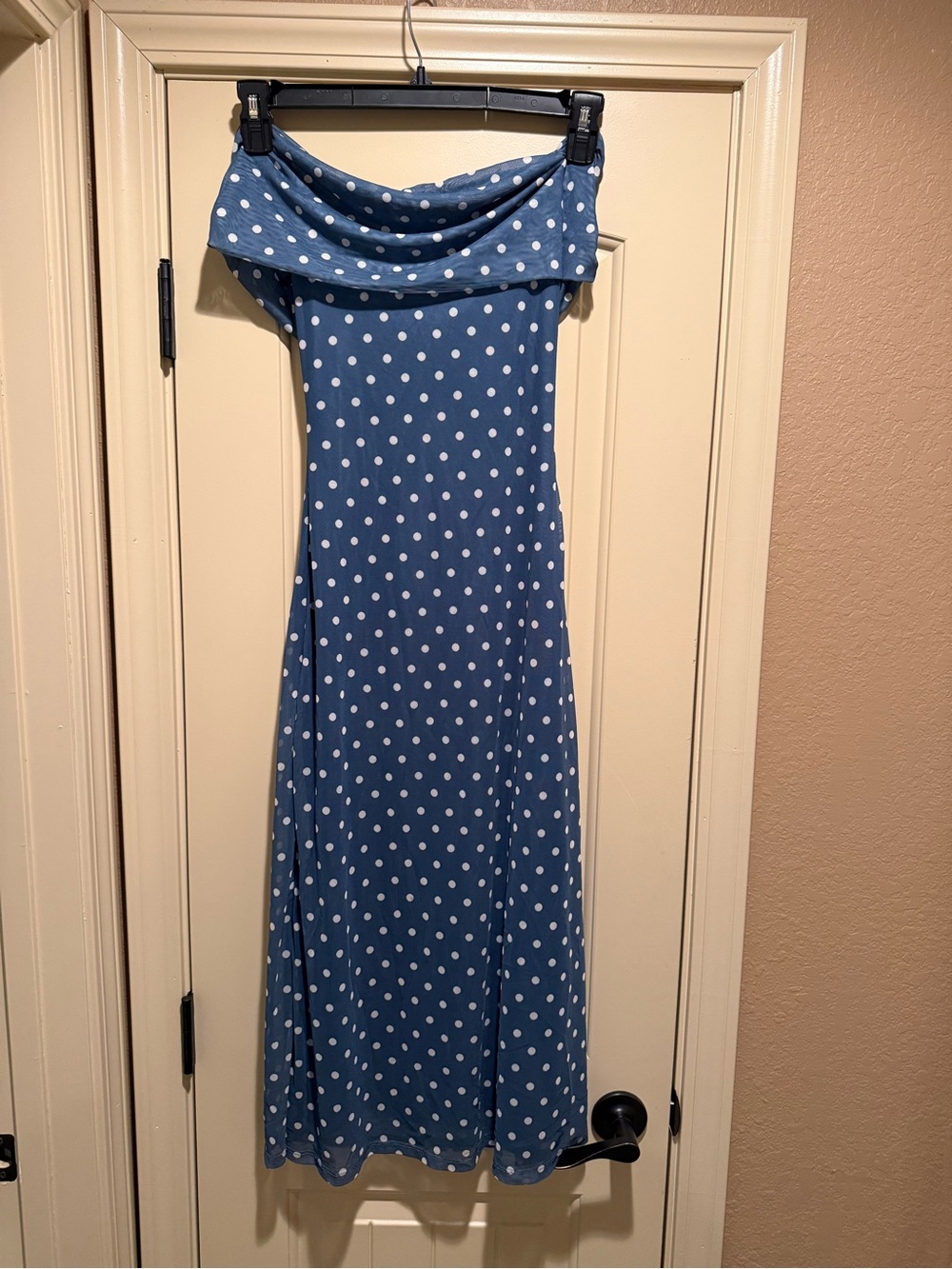 Tinsel Blue and White Polka Dot Strapless off the shoulder Maxi Dress